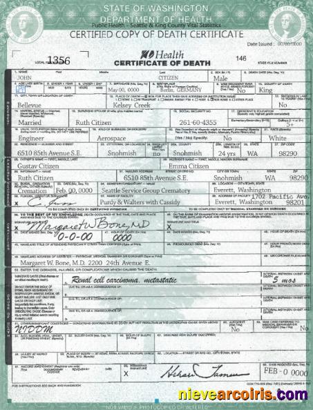 USA Washington state death certificate, version 2